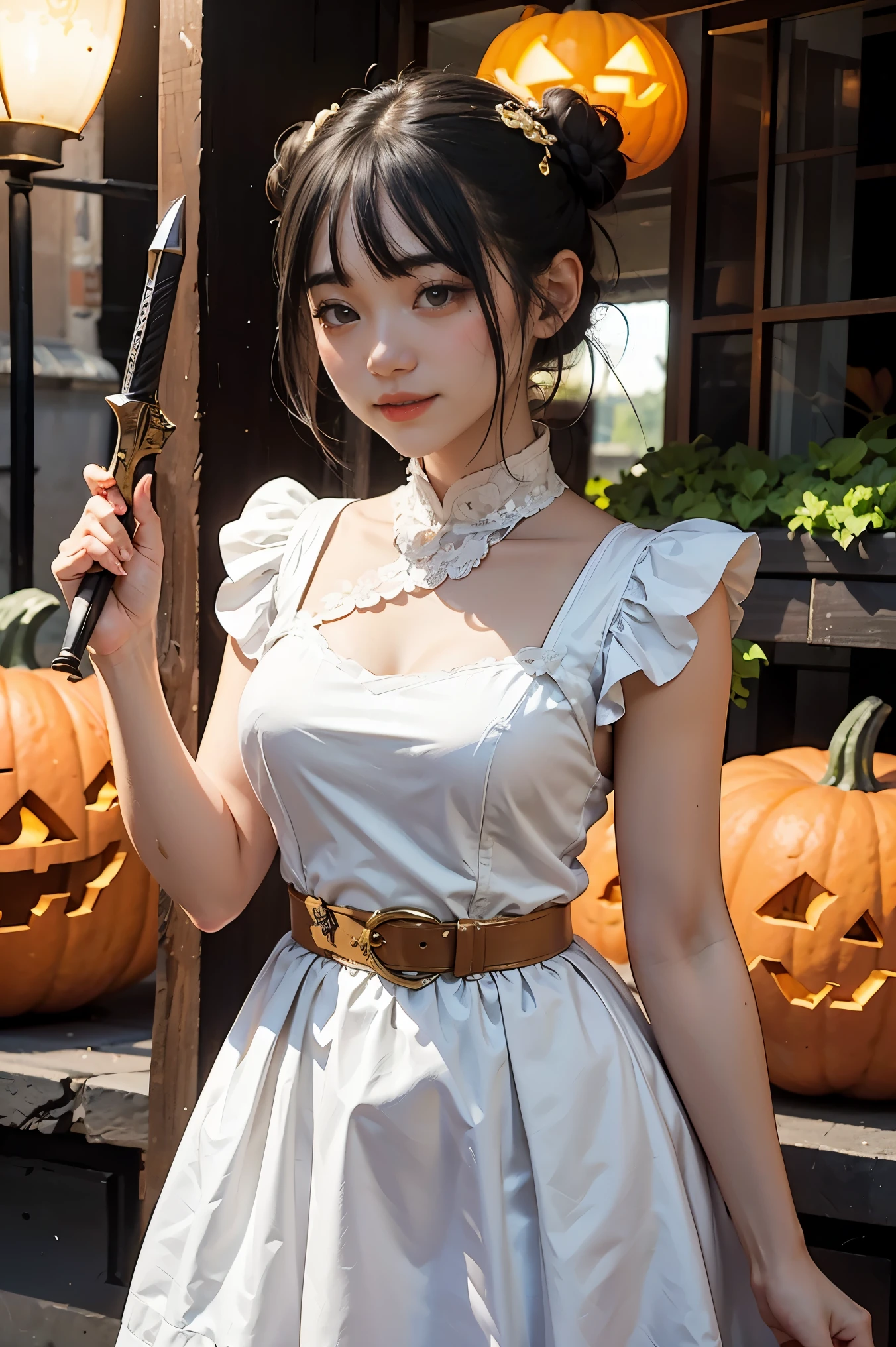 Slime Girl, (Mucus), Slime hair, double bun hairstyle, orange pumpkin, White princess dress with weapon belt, Masterpiece, best quality