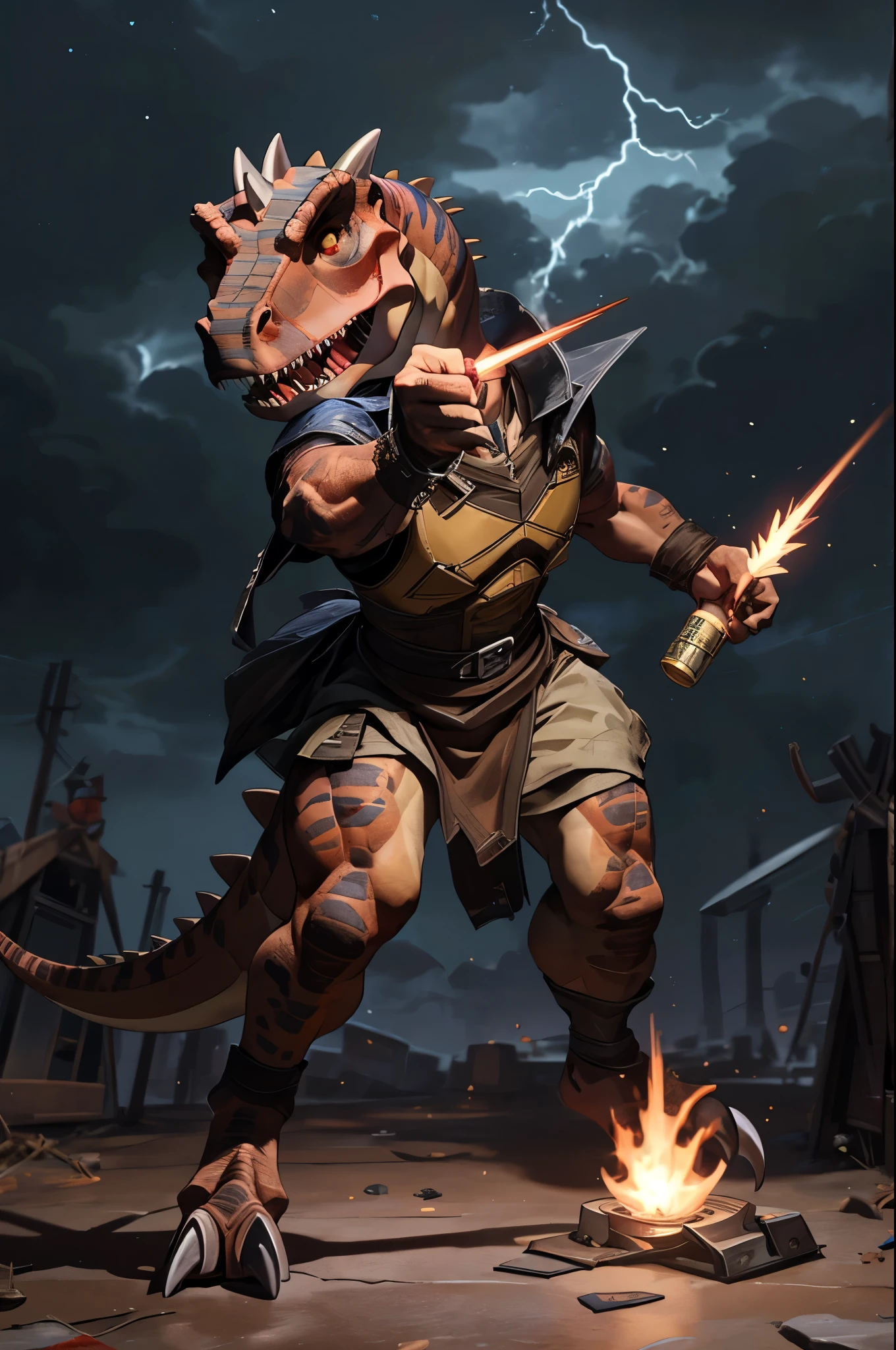 (((dinosaur character, full body, cinematic setting, lizard male))) 

Here I come, drop your jaws to the floor
I'm riding on my (((mighty laser-shooting dinosaur))) 
Here we come, can you hear him roar?

Prepare for epic fight and his (((laser missiles)))
The sound is boom, boom, boom for every time a goblin dies
Let's sing now, here we go, hear my battle cries

(((Made of metal))) from the moon
Assembled by samurai
His battery gets charged by thunderstorm
With most advanced AI
Devouring trolls and unicorns
From his maw there comes a flame
Burning away our enemies
And therefore we proclaim

BREAK, detailed background, 8K, (masterpiece:1.5), intricate details, highly detailed, extreme detail, octane render, fine art, best quality, highres, (detailed face:1.5), ((full_body)), UHD, (((perfect hands))), low light