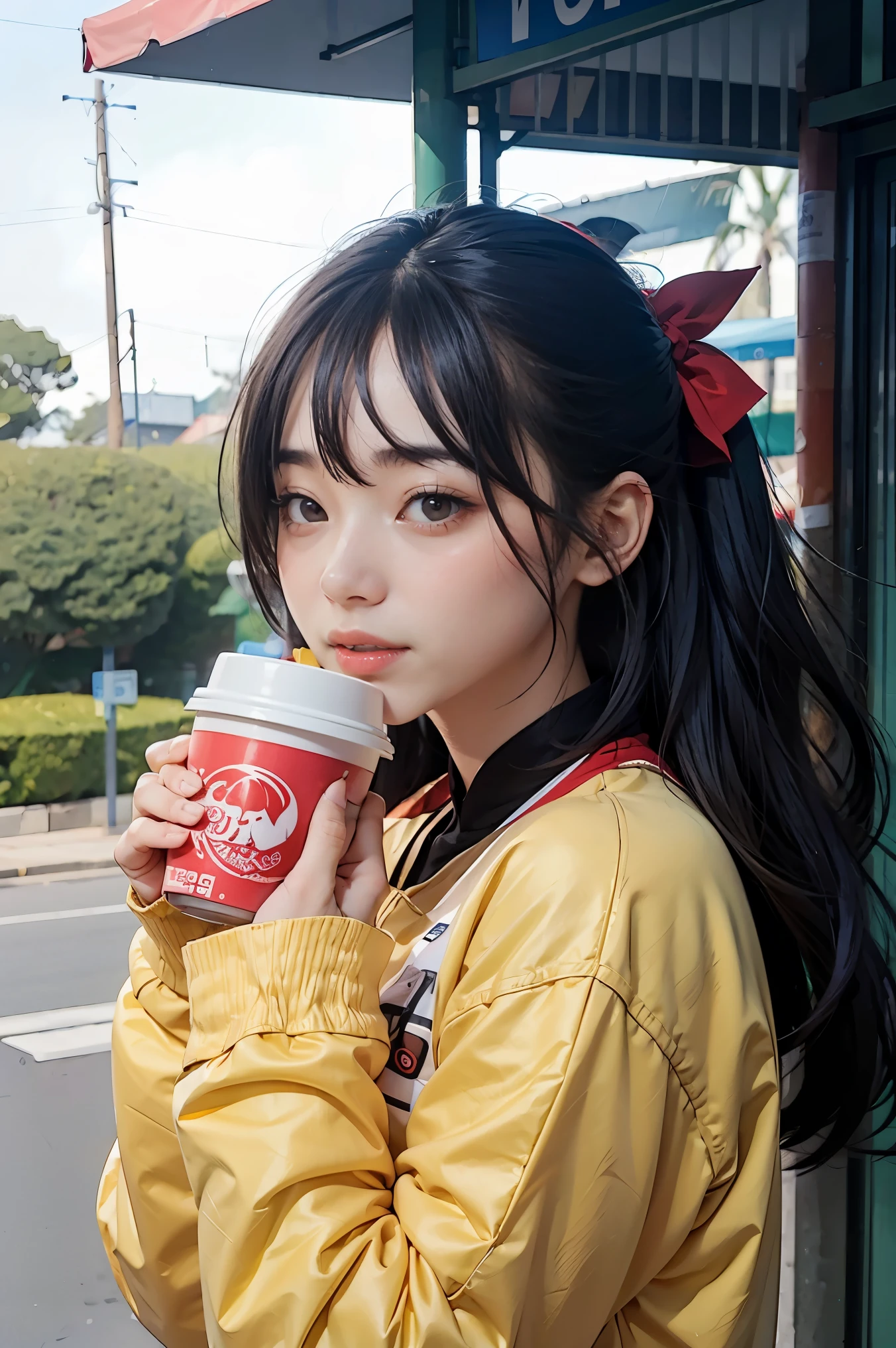 Woman in yellow jacket holds a cup of coffee, extremely detailed RTM germs, Anime girl drinking energy drink, เซนน่าจาก League of Legends, lovely Brigitte from Overwatch, Brigitte from Overwatch, ruan jia and RTM germs, trending RTM germs, Faye Valentine, like RTM germs, range murata and RTM germs, IG model | RTM germs