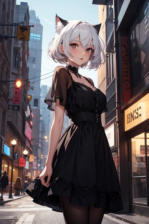 masterpiece, best quality, shadows, cat girl, black dress, city background, white hair, 