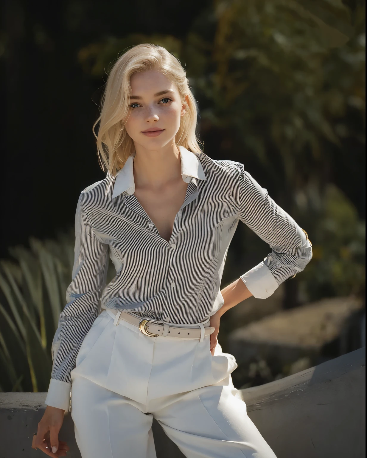 mulher, americana, 25 anos, pale skin and freckles, olhos cinzas, nariz delicado, soft and delicate lips, longo, cabelo blondie longo e ondulado na altura da cintura, sorriso meigo, face with delicate feminine facial features, altamente renderizado