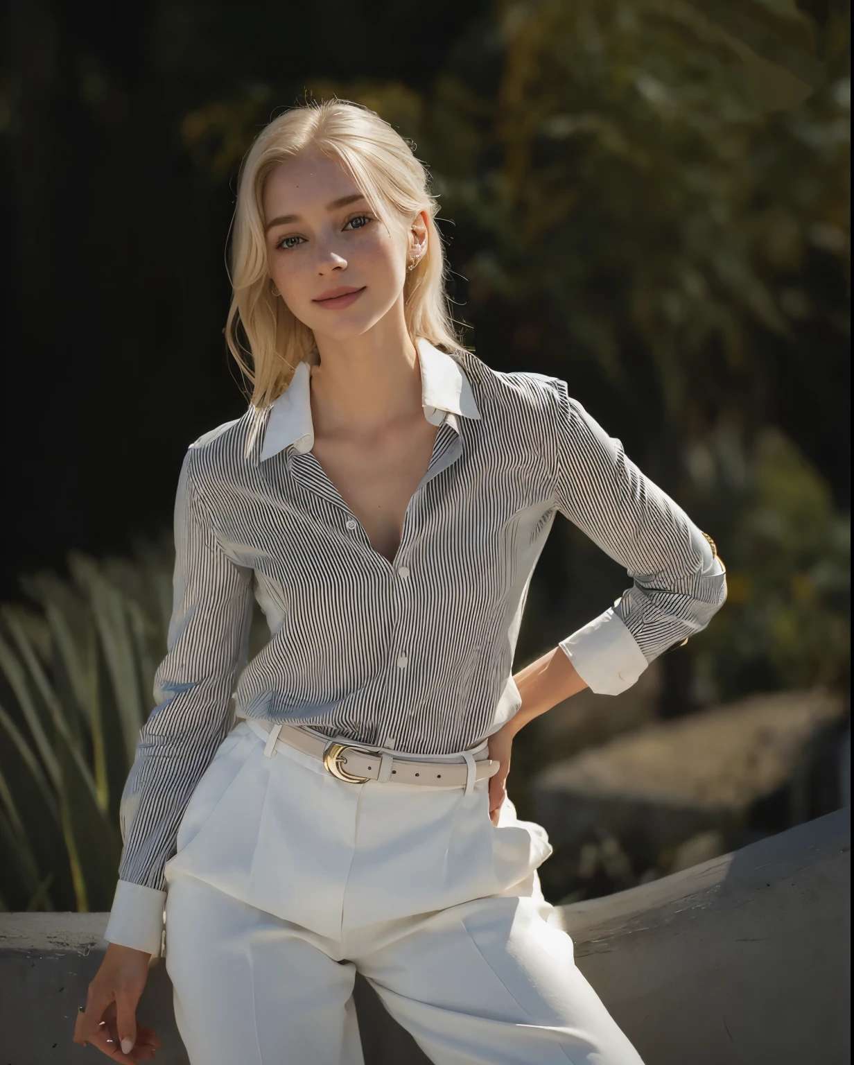 mulher, americana, 25 anos, pale skin and freckles, olhos cinzas, nariz delicado, soft and delicate lips, longo, cabelo blondie longo e ondulado na altura da cintura, sorriso meigo, face with delicate feminine facial features, altamente renderizado