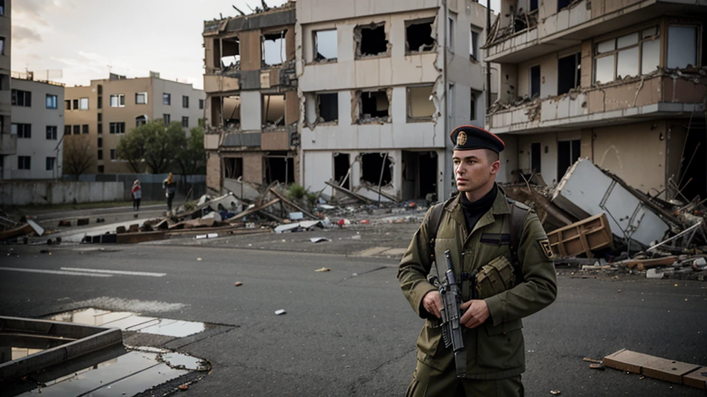 German soldier in a destroyed city
