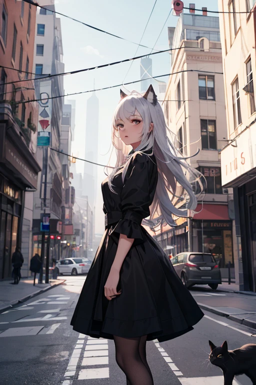 masterpiece, best quality, shadows, 1 girl, 21 years old, mature woman, cat girl, black dress, city background, white long hair,