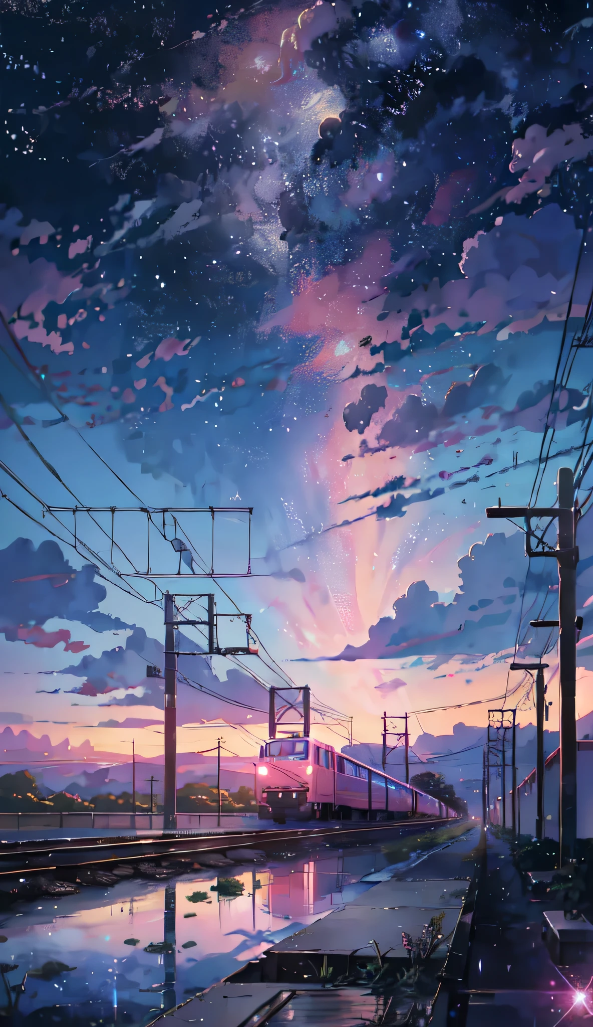 Anime train crossing track in sky background, beautiful and harmonious scene, exquisite animation, rich details (width is 672), high quality, clarity 4k, artistic 4k wallpaper, stunning anime landscape, 8k art wallpaper.