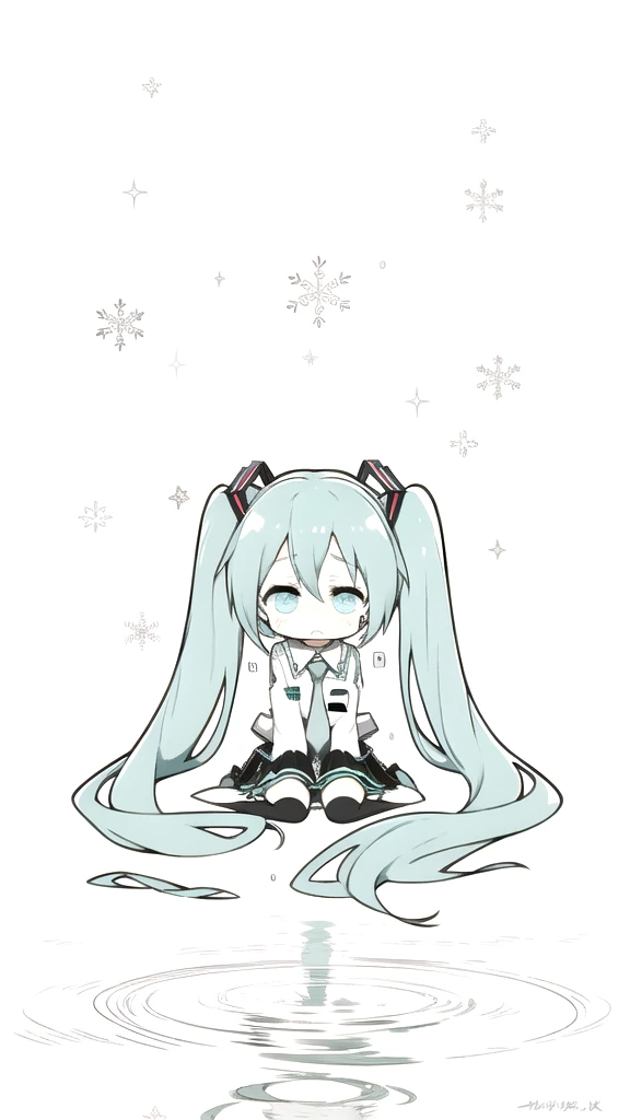 best quality, chibi, 1 girl, miku, Hatsune Miku, (full body), Pure white background,Vivid,clearly,sad face,rain,snow,Are crying,Sit down