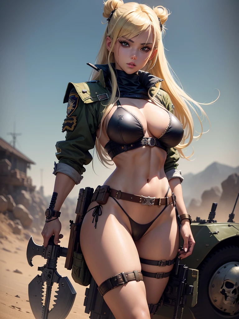 8k, Comic Babes, blonde woman in military costume with a skull and sword, bikini + tattered military gear, Inspired by Masamune Shirow, color digital illustration, beautiful ranger, color illustration, commission for high resolution, artgasmo, style by masamune shirow , dieselpunk soldier girl, ashé, cushart krenz female key art