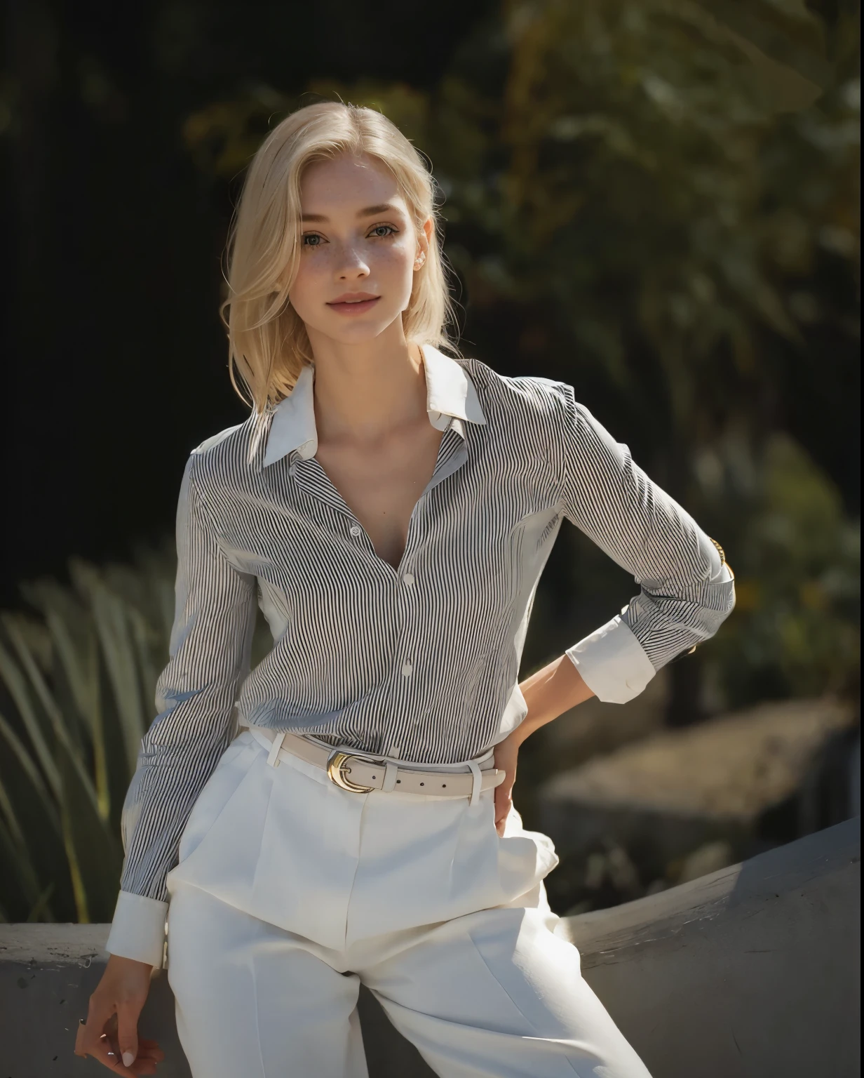 mulher, americana, 25 s, pale skin and freckles, olhos cinzas, nariz delicado, soft and delicate lips, longo, cabelo blondie longo e ondulado na altura da cintura, sorriso meigo, face with delicate feminine facial features, altamente renderizado