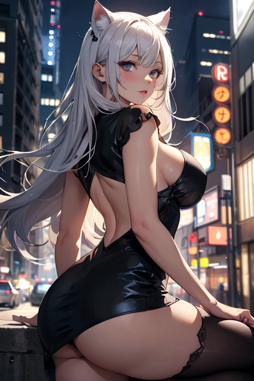 masterpiece, best quality, shadows, 1 girl, 21 years old, mature woman, cat girl, sexy black dress, city night background, white long hair, thighs, ass, breast, seductive, spicy, posing, 