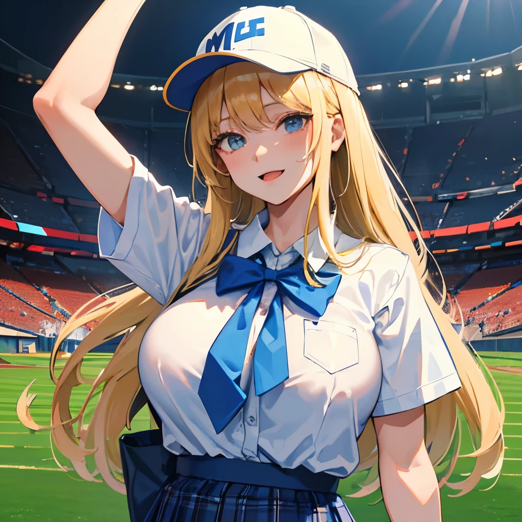 masterpiece, best quality, 8k, complete anatomy, Japanese female, blonde hair, (big breasts:1.4), high-school uniform, white short sleeve shirt, blue striped tie, navy plaid skirt, baseball cap, big smile, in the stadium
