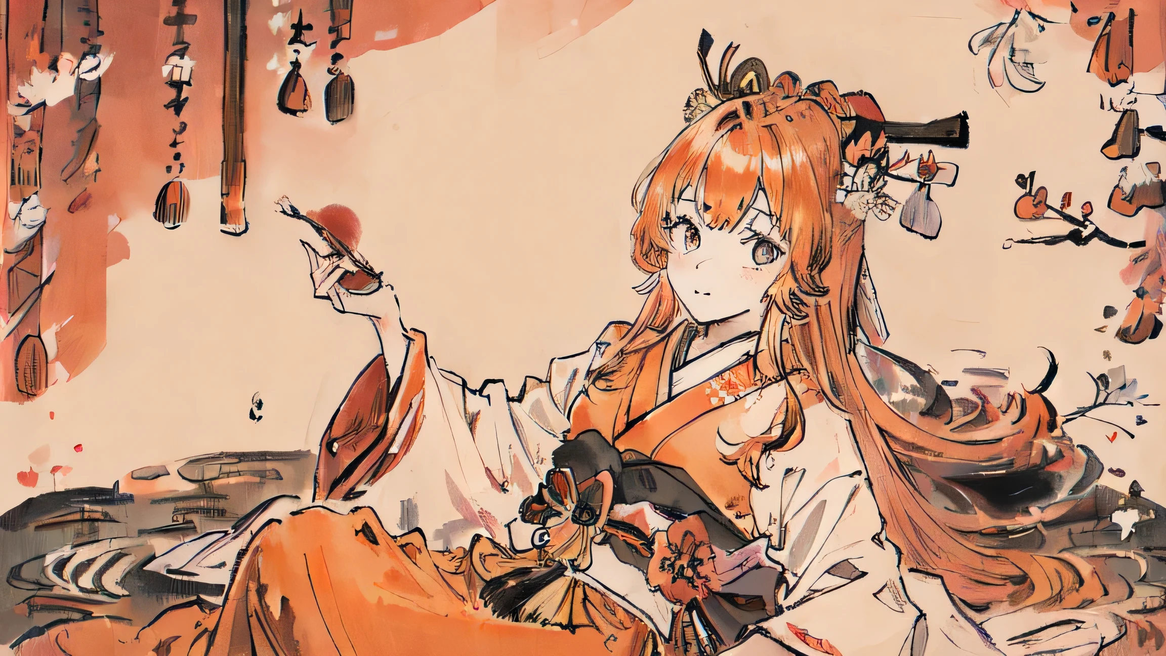 (((masterpiece,highest quality))),1 Female, Alone with orange hair,Long Hair,(Japanese style:1.4),princess,(Healing),night,Very long sleeves