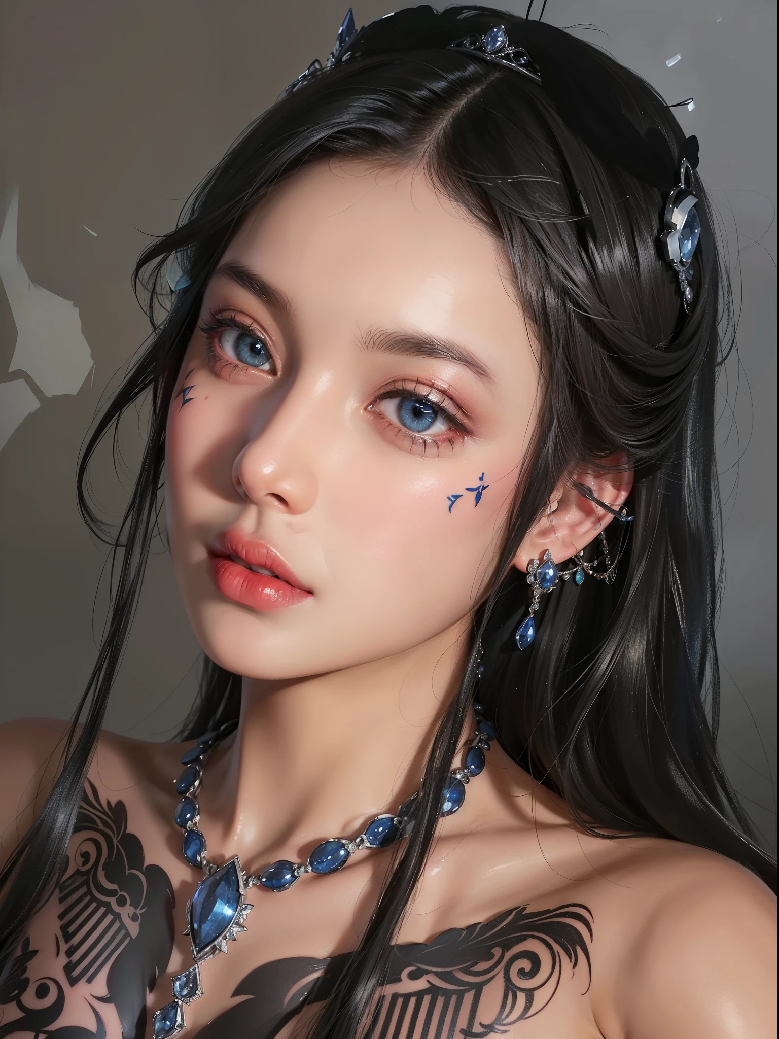 Super detailed, Delicate face, Realistic style, Stock Photography: , rich and colorful, Surrealism, Realistic textures, Dramatic Lighting, Thin Film Distiller 800 (8K, original photo, Better quality, masterpiece: 1.2), Super detailed, (Extremely delicate skin: 1.2), 8K Ultra HD, SLR camera, Soft Light, high quality,Snow Queen,ice castle,Blue pupils,Apply red lipstick,Tattoo goddess,With tattoo pattern,Ultra-clear portrait,apply lipstick,Wearing necklace jewelry,apply lipstick,Wear heavy makeup,The facial texture is very clear,Beautiful tattoos on the body,Deep blue eyes(Sapphire-like pupils),A crown of luxury,Diamond necklace,