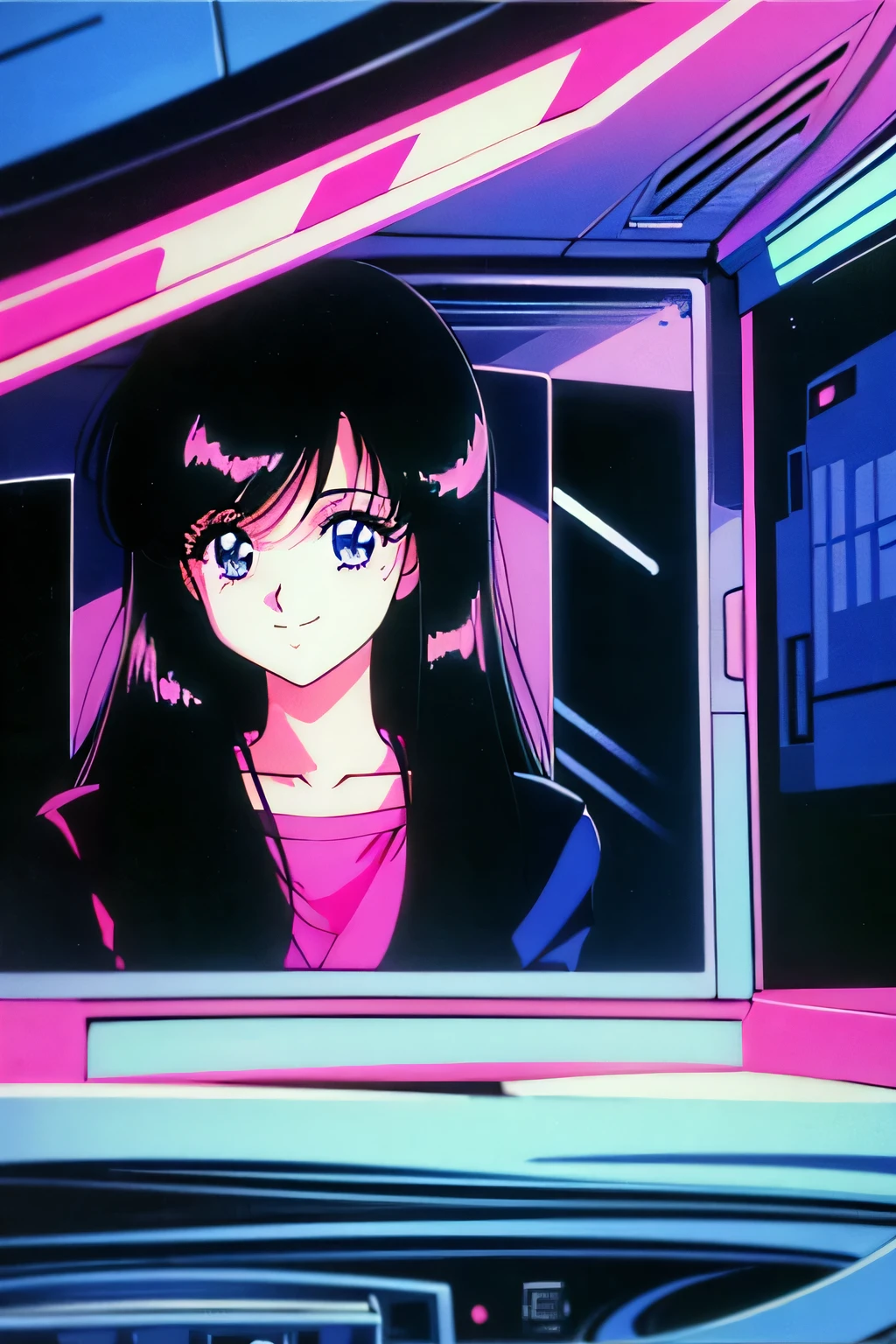 1990s (style), 1980s (style), anime girl, smiling, long black hair, on a retro computer, vaporwave aesthetic, neon lights, blue cybercore,