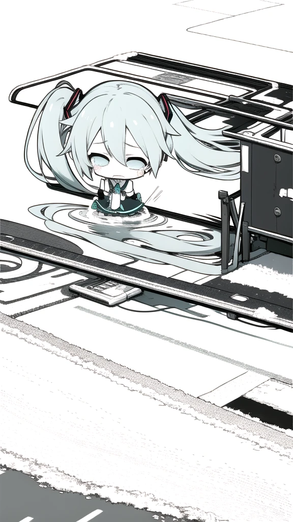 best quality, chibi, 1 girl,  miku, Hatsune Miku, (full body), Pure white background,Vivid,clearly,sad face,rain,snow,Are crying,Stumble and fall on the road
