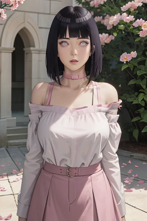 masterpiece, absurdres, hinata\(boruto\), 1girl, solo,mature female, off-shoulder strap bra, high waist short skirt, looking at viewer, (falling petals), perfect composition, detailed lips, Very big breast, beautiful face, body propotion, blush, (pink lips), long hair, purple eyes, soft gaze, super realistic, detailed, photoshoot, realistic face and body,