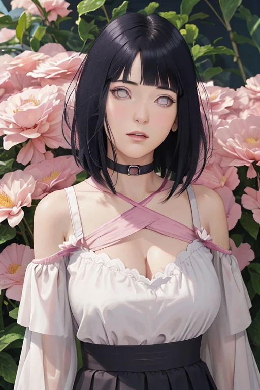 masterpiece, absurdres, hinata\(boruto\), 1girl, solo,mature female, off-shoulder strap bra, high waist short skirt, looking at viewer, (falling petals), perfect composition, detailed lips, big breast, beautiful face, body propotion, blush, (pink lips), long hair, purple eyes, soft gaze, super realistic, detailed, photoshoot, realistic face and body,
