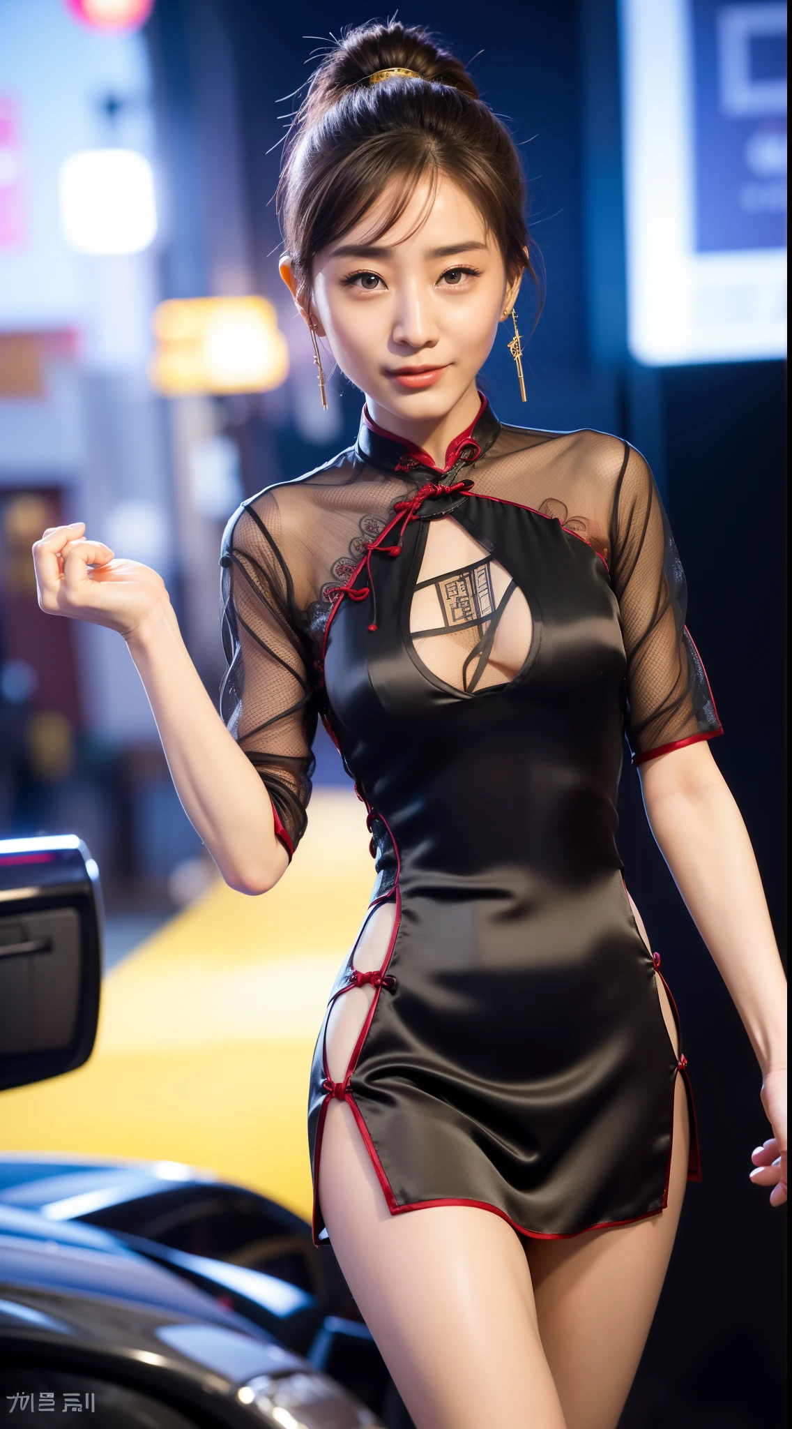8k, Tabletop, RAW Photos, highest quality, Realistic, Highly detailed CG Unity 8k wallpaper, Written boundary depth, Cinematic Light, Lens flare, Ray Tracing, (Very beautiful face, Beautiful Lips, Beautiful Eyes), Exquisitely detailed face, ((Highly detailed skin)) One Girl, In the Dark, Deep Shadow, Cute Korean Girl, K-POPアイドル, 1 girl, (Very slim and slender fit muscular body:1.3), ((Show Viewer)),(Big smile:1.3), (Fashion City Night, Dark Night, (Neon Signs), (Blurred Background), Fashion Street Night),(No people in the background:1.3), Beautiful earrings, bracelet, pantyhose, Clear Eyes, walk, (Pale skin), (Big eyes), look forward to, (Brown Hair), (Full Body Shot), ((Thin, A sheer silk mesh cheongsam:1.3)), ((Tight Fit Dress)), , (Show Viewer:1.3) Open chest, Very slim, Huge , Backtrack, (Shrapnel), focus on, in front of the eyebrows,(Tight dress), Thick thighs,Beautiful ponytail