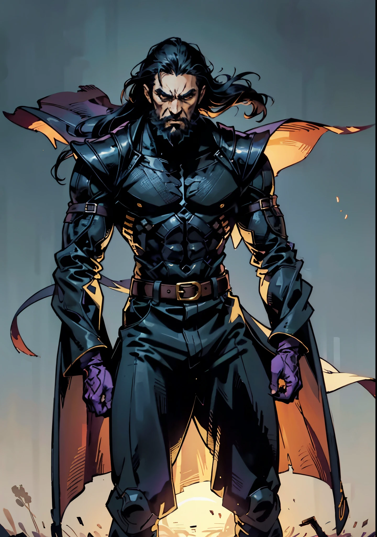 A middle-aged man with long black hair, thick eyebrows, hollow eyes, a long face, a square beard, a serious expression, a black full-body outfit with a fantasy martial arts style, ultra-long wide sleeves, crossed belts around his waist, a large dark purple cloak flutters in the wind behind him, stands on a desolate hill under the moonlight, this character embodies a finely crafted fantasy martial arts practitioner in anime style, exquisite and mature manga art style, dramatic, high definition, best quality, highres, ultra-detailed, ultra-fine painting, extremely delicate, professional, perfect body proportions, golden ratio, anatomically correct, symmetrical face, extremely detailed eyes and face, high quality eyes, creativity, RAW photo, UHD, 32k, Natural light, cinematic lighting, masterpiece-anatomy-perfect, masterpiece:1.5