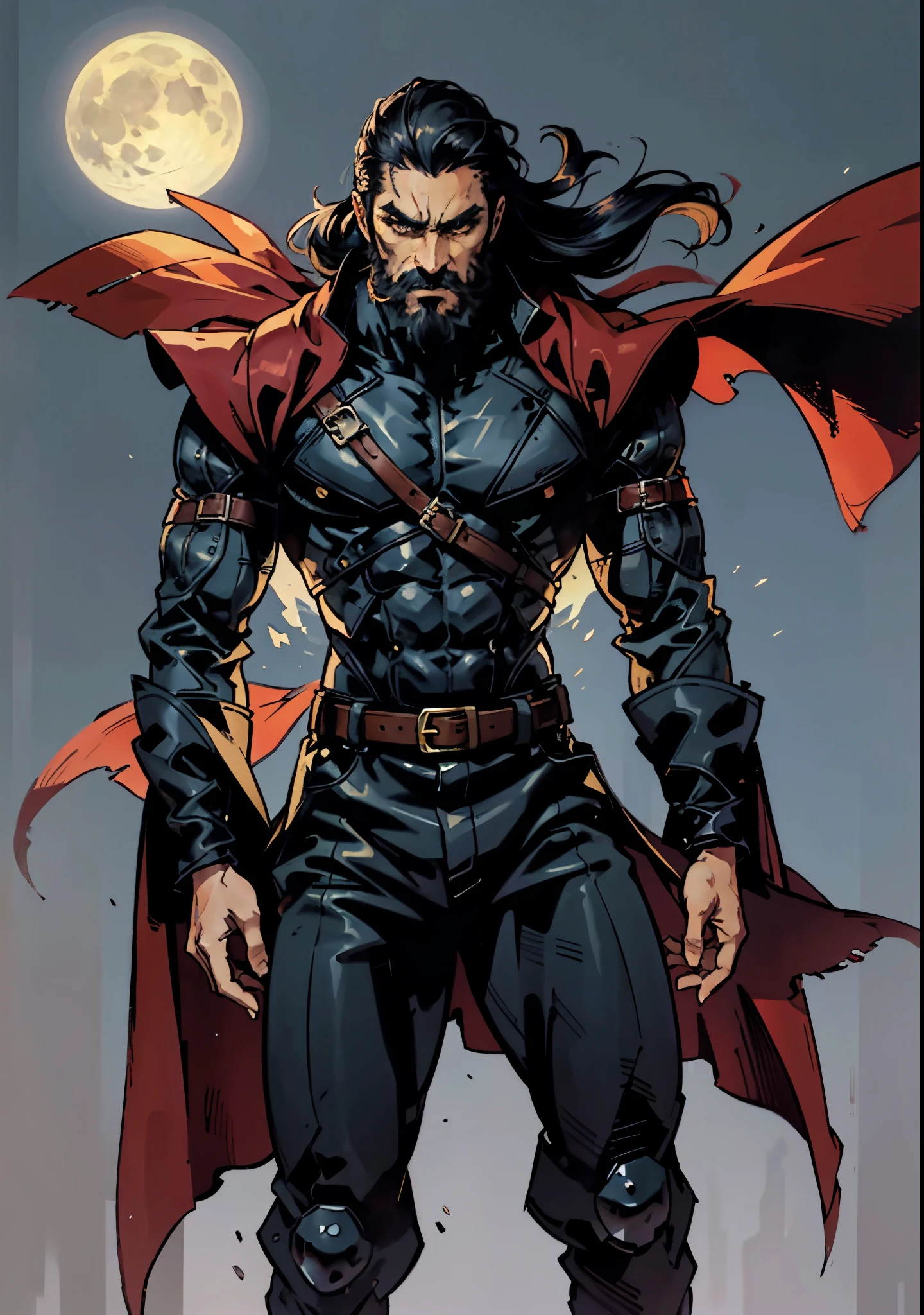 A middle-aged man with long black hair, thick eyebrows, hollow eyes, a long face, a square beard, a serious expression, a black full-body outfit with a fantasy martial arts style, ultra-long wide sleeves, crossed belts around his waist, a large dark purple cloak flutters in the wind behind him, stands on a desolate hill under the moonlight, this character embodies a finely crafted fantasy martial arts practitioner in anime style, exquisite and mature manga art style, dramatic, high definition, best quality, highres, ultra-detailed, ultra-fine painting, extremely delicate, professional, perfect body proportions, golden ratio, anatomically correct, symmetrical face, extremely detailed eyes and face, high quality eyes, creativity, RAW photo, UHD, 32k, Natural light, cinematic lighting, masterpiece-anatomy-perfect, masterpiece:1.5