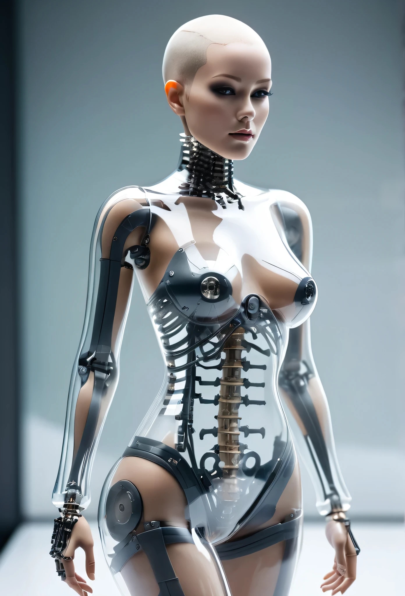 Full figure shot, Female with transparent skin, (mechanical skeleton), shaved glass head,