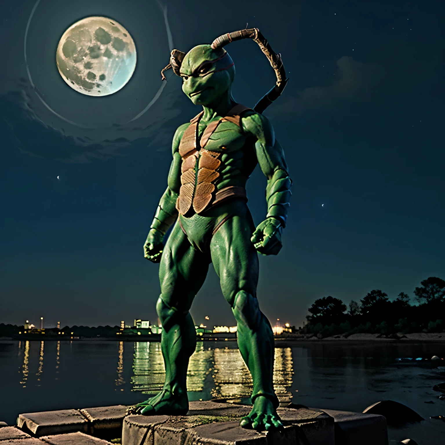 (((not a human))), ((best quality)), age mutant ninja turtles original, along standing, big moon in the sky, at night