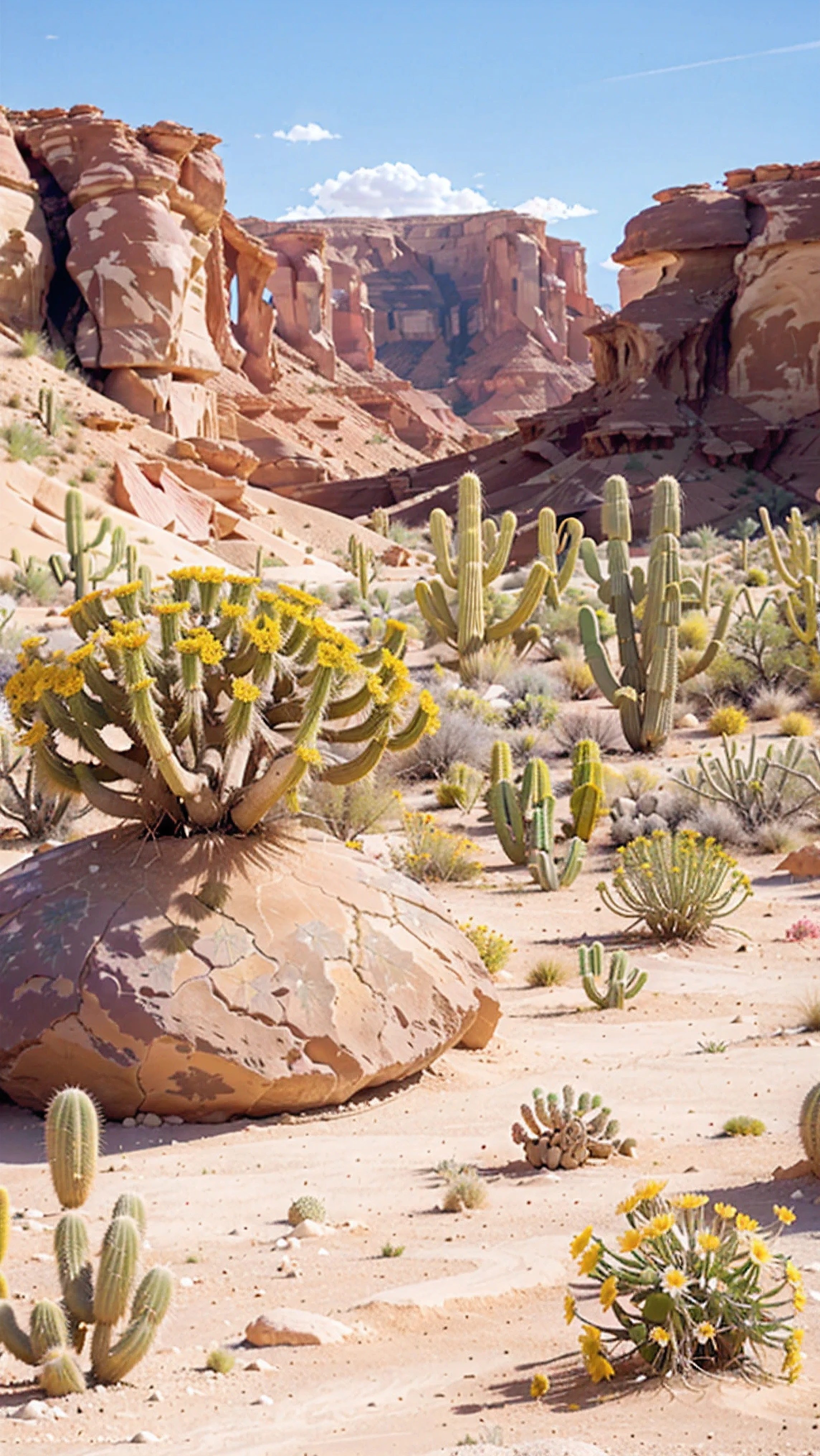 (Fundo do deserto do Arizona com canyon, cactos, areia, vermelho vibrante, rosa, flores brancas e amarelas, white hawthorn acacia and fairy duster)