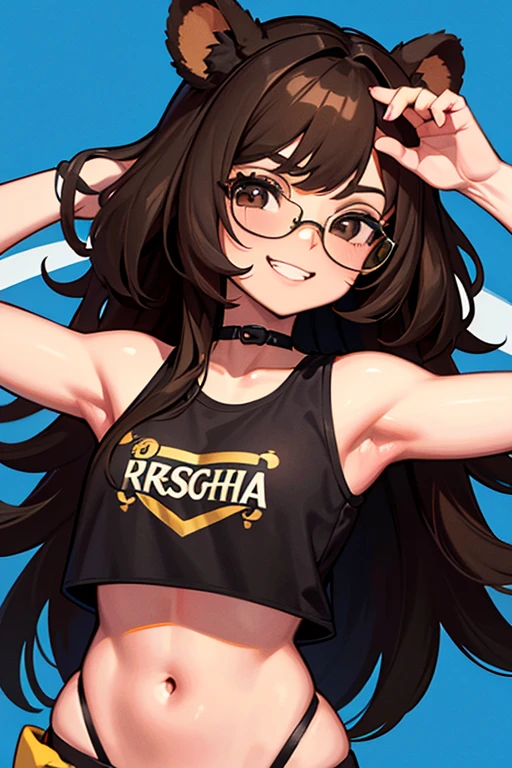 Chica linda, con lentes negros, Brown eyes, Long brown hair, orejas de oso en la cabeza, vestida con una falda negra y un crop top negro, sonriendo levemente