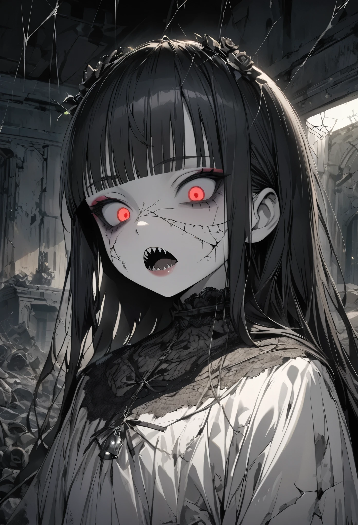 ((Masterpiece)), ((best quality)), (Anime:1.3), (super detail:1.2),(High Definition:1.3), (Professional Photography:1.2), ((12 years old)), 1girl, , blunt bangs, feminine, pale brown hair, (silky straight hair), muted colors, monochrome, pale skin, ((makeup goth)), cute, lipstick, night, ((Black roses on head)), ((dirty)), (blowing smoke), (indoors), Hair hide eyes, (bell), ((Dusty)), ((cobwebs in room)), scenery, (cracked skin), glowing, fractured skin, antique doll style, dark white, (hollow eyes), (sharp teeth), (open mouth wide), ruins, (sharp focus), (perfect light),