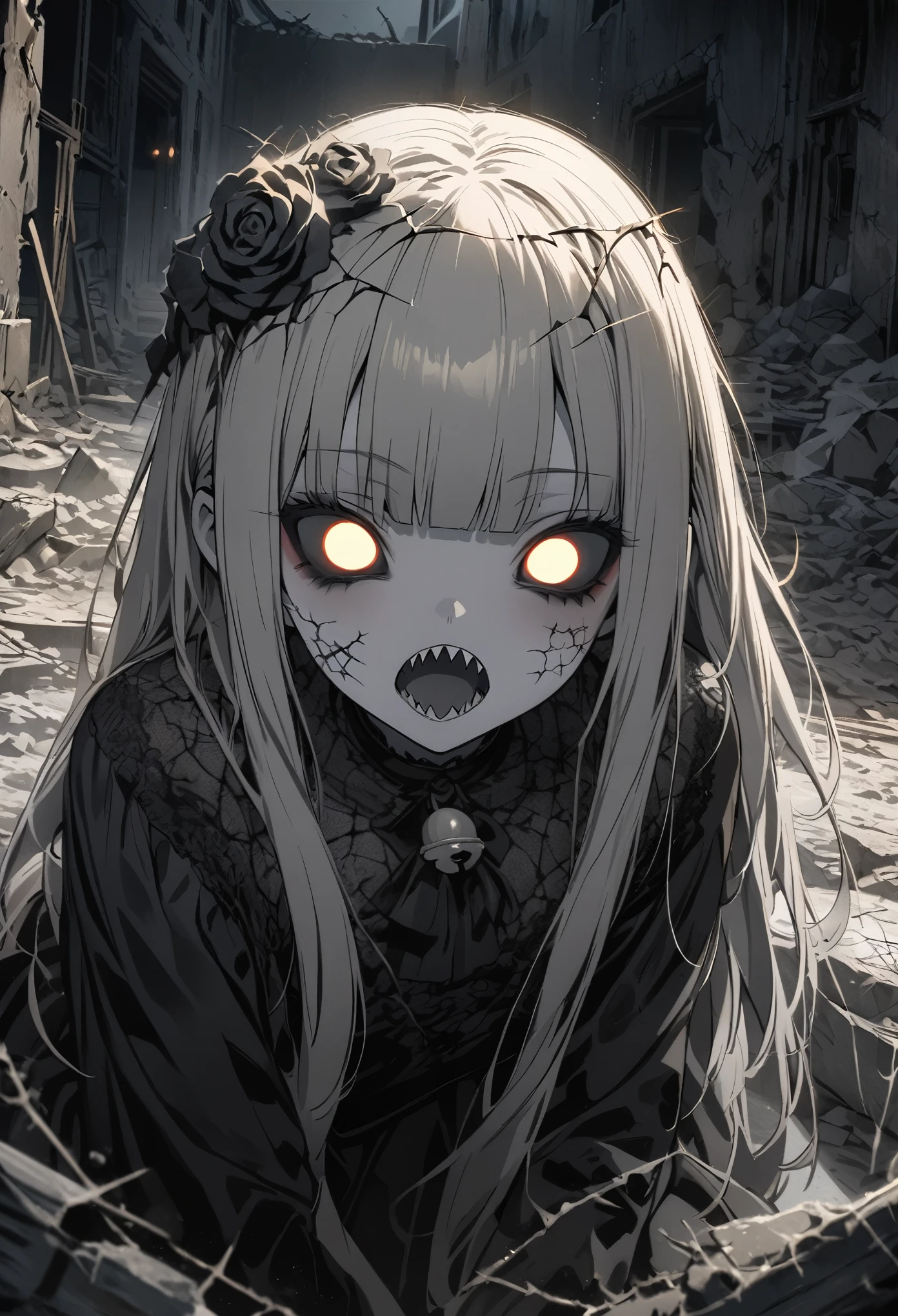 ((Masterpiece)), ((best quality)), (Anime:1.3), (super detail:1.2),(High Definition:1.3), (Professional Photography:1.2), (()), 1girl, , blunt bangs, feminine, pale brown hair, (silky straight hair), muted colors, monochrome, pale skin, ((makeup goth)), cute, lipstick, night, ((Black roses on head)), ((dirty)), (blowing smoke), (indoors), Hair hide eyes, (bell), ((Dusty)), ((cobwebs in room)), scenery, (cracked skin), glowing, fractured skin, antique doll style, dark white, (hollow eyes), (sharp teeth), (open mouth wide), ruins, (sharp focus), (perfect light),