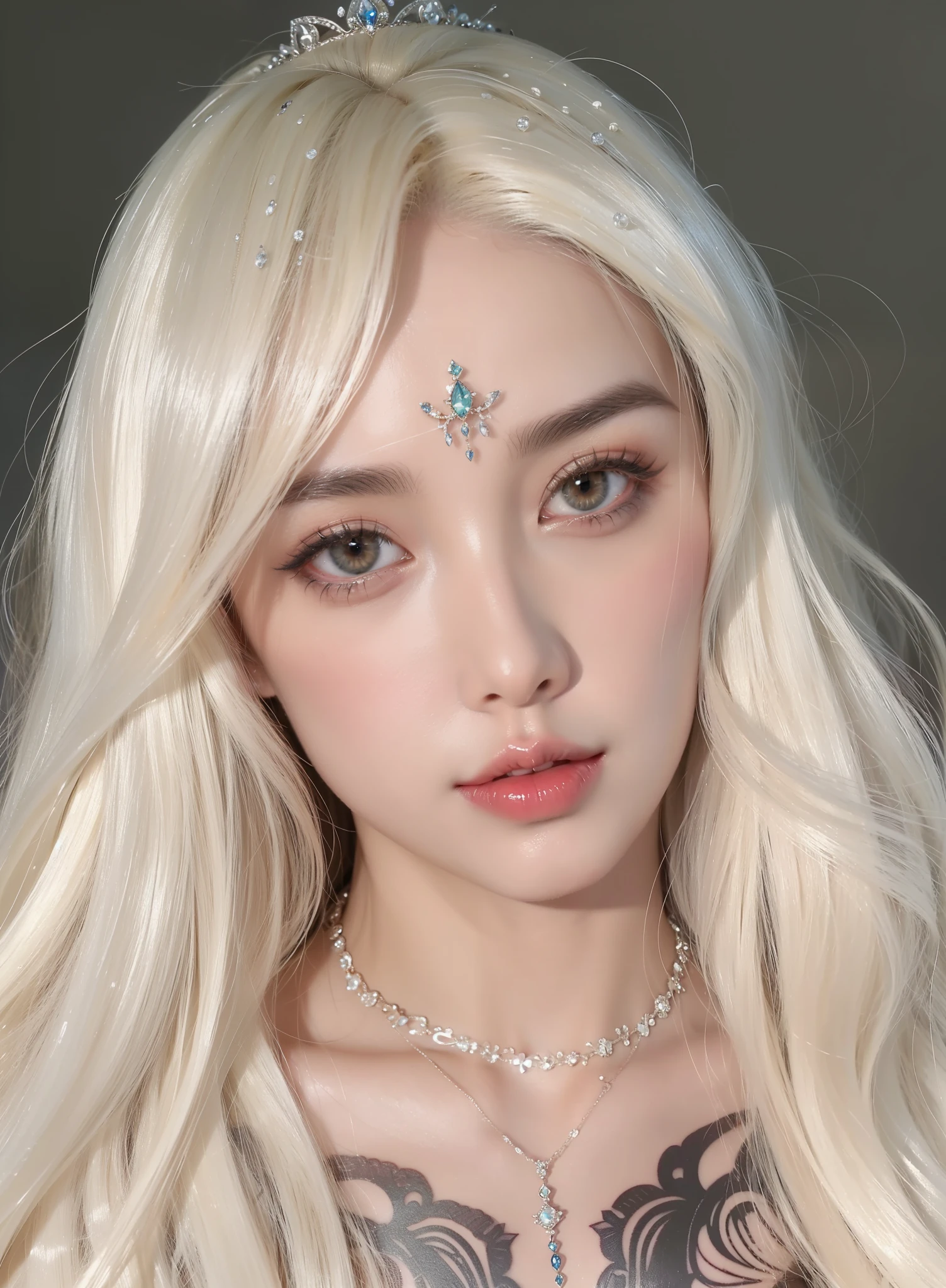 Royal sisters，Exquisite eyes，Frozen queen，Put the crown on your head，Detailed facial expressions body，Tall and big，Glamorous characters，Leg length，4k，HD，Sensual，White translucent lace，白皙The complete picture，Little cherry mouth，Beautiful and lovely，The complete picture，Glossy gelcoat，Vampire Queen in luxurious robes，Have a tattoo(Intricate tattoo designs)，Rich facial details，Wear gorgeous jewelry，Royal Princess，Sparkling gemstone necklace，身体Have a tattoo，Skin radiance，Very exquisite and luxurious crown，