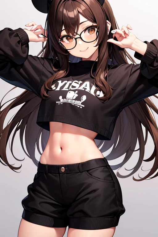 Chica linda, con lentes negros, Brown eyes, Long brown hair, orejas de oso en la cabeza, vestida con una falda negra y un crop top negro, sonriendo levemente