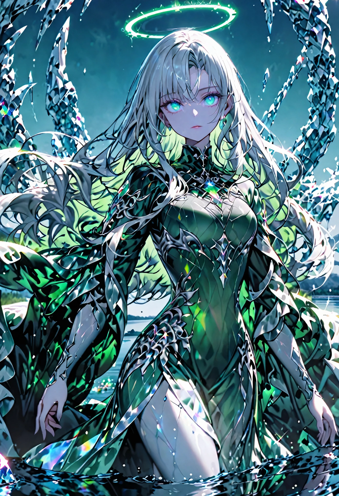 solo, female, sfw, medium shot, statuesque figure, silver hair, long hair, emerald green robes, billowing robes, iridescent gemstones, luminescent gemstones, gemstone on shoulder, glowing eyes, blue eyes, crystal structures, blue sky, calm lake, walking on water, calm expression, silver halo,