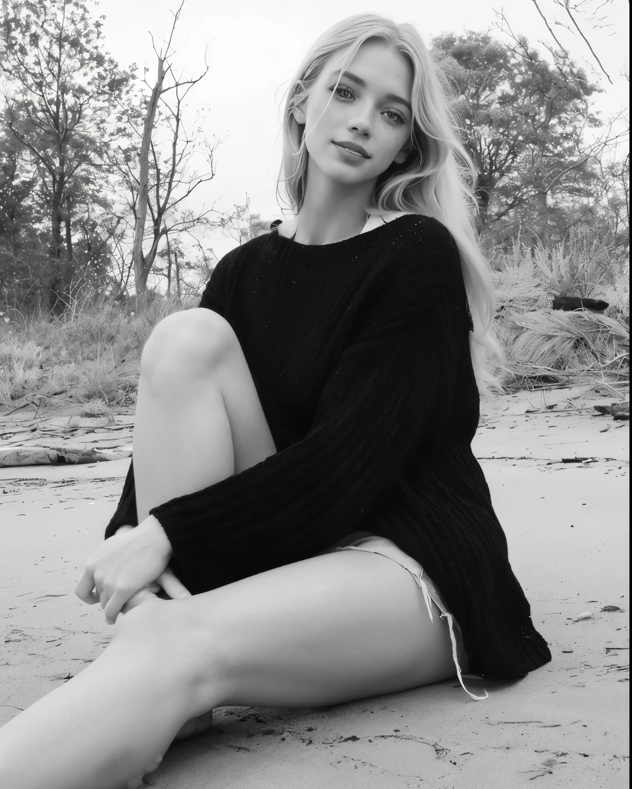mulher, americana, 25 anos, pale skin and freckles, olhos cinzas, nariz delicado, soft and delicate lips, longo, cabelo blondie longo e ondulado na altura da cintura, sorriso meigo, face with delicate feminine facial features, altamente renderizado