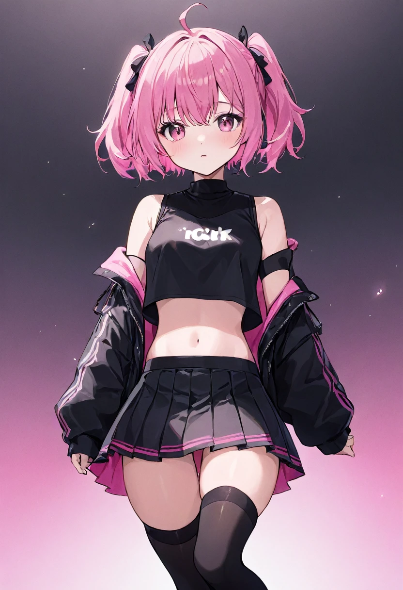 Anime girl with black and pink hair wearing a black crop top and small skirt with thigh high socks