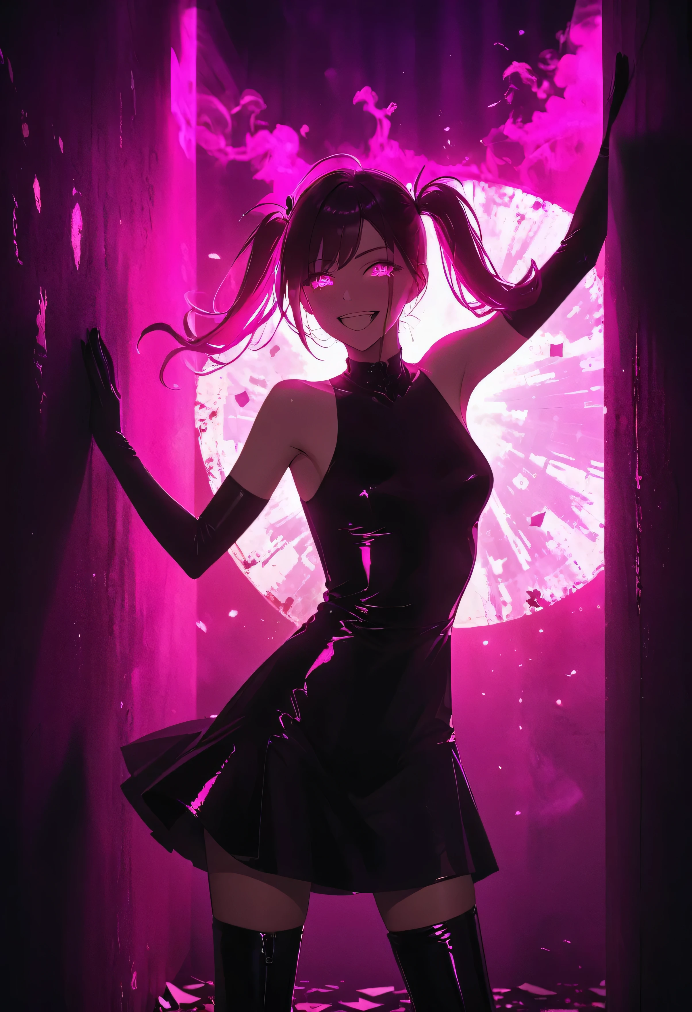 indoor, Fluorescent lighting, (Shrouded in darkness, Wall Background, Black background, Shadow, Extreme darkness:2.0), Minimalist graffiti style background, Fluorescent pink eye doodle, Dark atmosphere, One girl, Oversized black t-shirt, Middle chest, Waistless T-shirt, Underbust, Blurred Background, Blurred foreground, Neon pink glowing hair, Neon pink glowing eyes, Bare shoulders, Show your armpits, , Knee-high boots, pink eye Shadow, Eye of Destruction, poker face, silhouette, Cowboy Shot, Surrealism, perspective, Cowboy Shot, throw, Ultra-high resolution, Anatomically correct, Super Detail, highest quality, 16k, masterpiece,evil smile,huge laugh at,flat chest,twintail,latex,elbow gloves,
