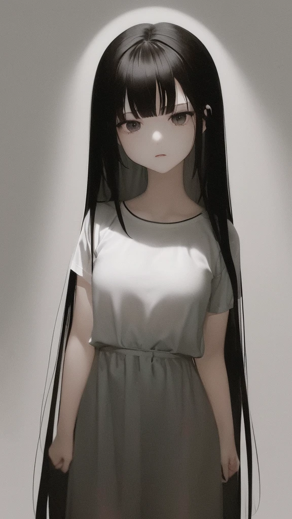 (very delicate and beautiful）、open the door（Ｔshirt）woman、offensive photos、solo、（silhouette）、raindrop、dark background、figure、（silhouette）、slender body、dark background、Single unit、sad、1 person,Silhouette only,Black silhouette and white background,Girl with long black hair,