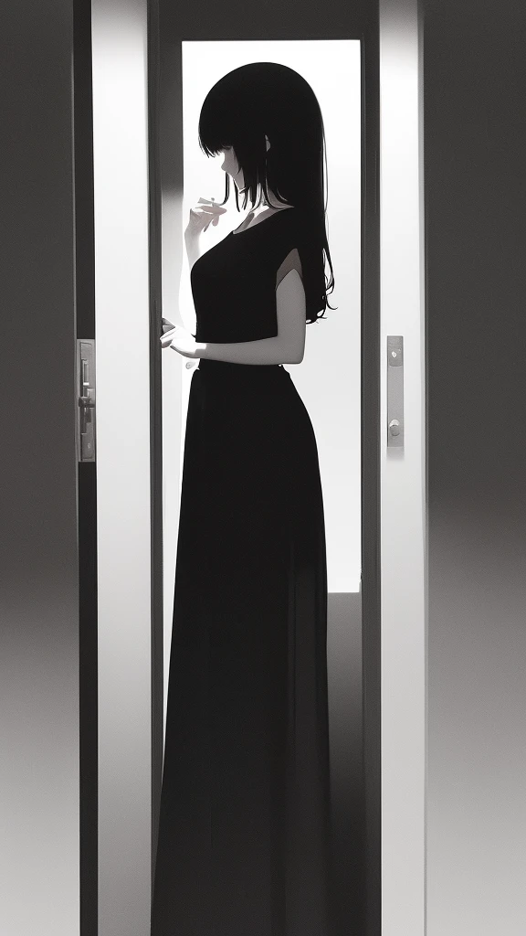 (very delicate and beautiful）、open the door（Ｔshirt）woman、offensive photos、solo、（silhouette）、raindrop、dark background、figure、（silhouette）、slender body、dark background、Single unit、sad、1 person,Silhouette only,Black silhouette and white background,Girl with long black hair,