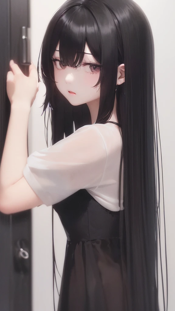 (very delicate and beautiful)、open the door(Tshirt)woman、offensive photos、solo、(silhouette)、raindrop、dark background、figure、(silhouette)、slender body、dark background、Single unit、sad、1 person,Silhouette only,Black silhouette and white background,Girl with long black hair,