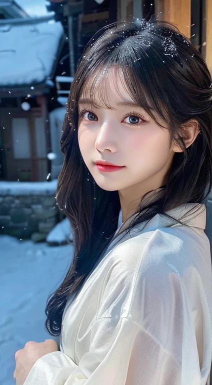 (White translucent Kimono)、(top-quality,masterpiece:1.3,超A high resolution,),(ultra-detailliert,Caustics),(Photorealsitic:1.4,RAW shooting,)Ultra-realistic capture,A highly detailed,high-definition16Kfor human skin、 Skin texture is natural、、The skin looks healthy with an even tone、 Use natural light and color,One Woman,japanes,,kawaii,A dark-haired,Middle hair,(depth of fields、chromatic abberation、、Wide range of lighting、Natural Shading、)、(Exterior light at night:1.4)、(Falling snow:1.2)、(Hair swaying in the wind:1.1)、(Light reflecting snow:1.2)、head to knees