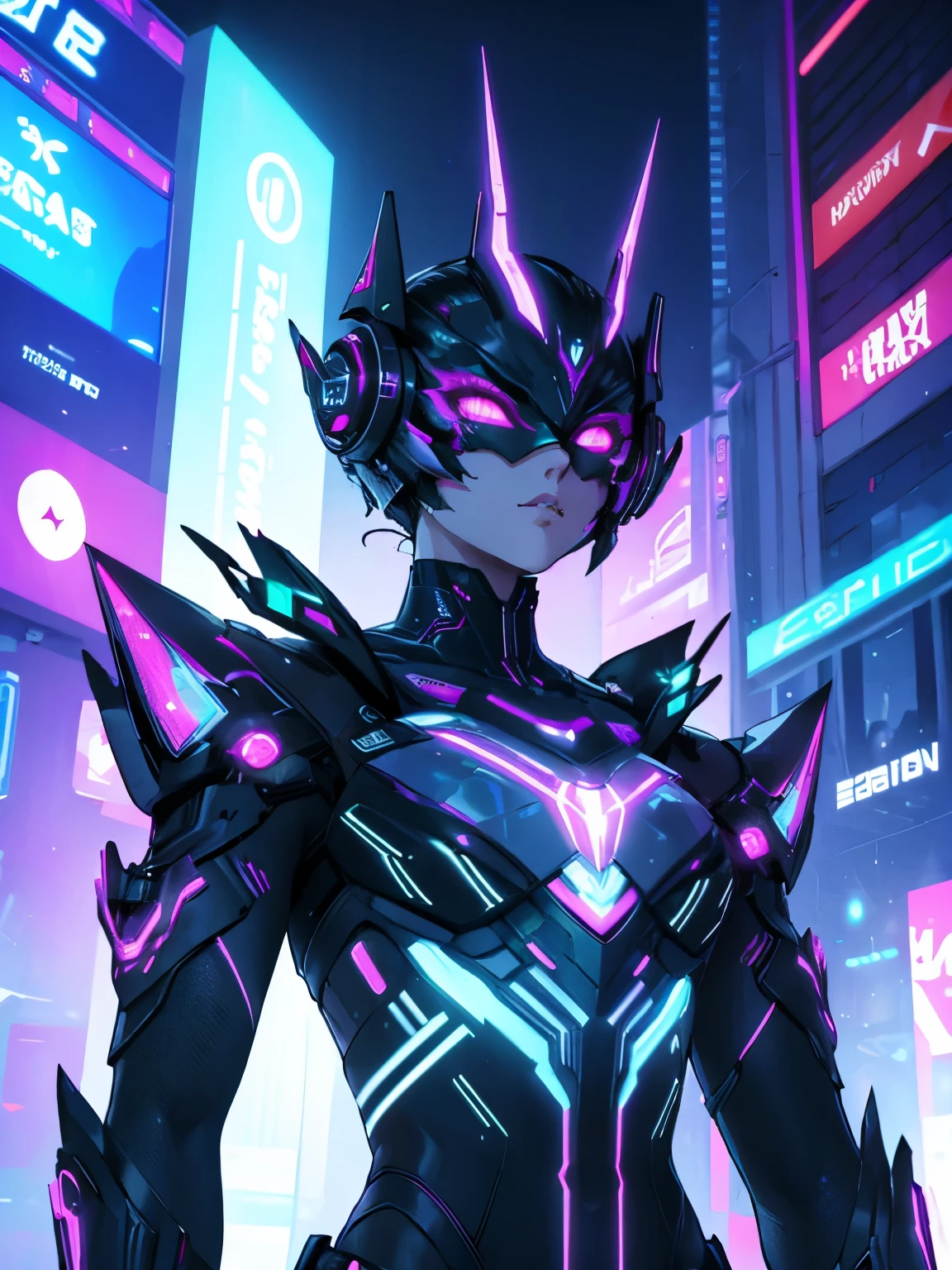 Futuristic Cyberpunk Mask: Envision a sleek, high-tech mask with LED lights and a metallic finish, adorned with digital patterns. The mask is displayed in a neon-lit urban setting, evoking a futuristic, cyberpunk aesthetic.