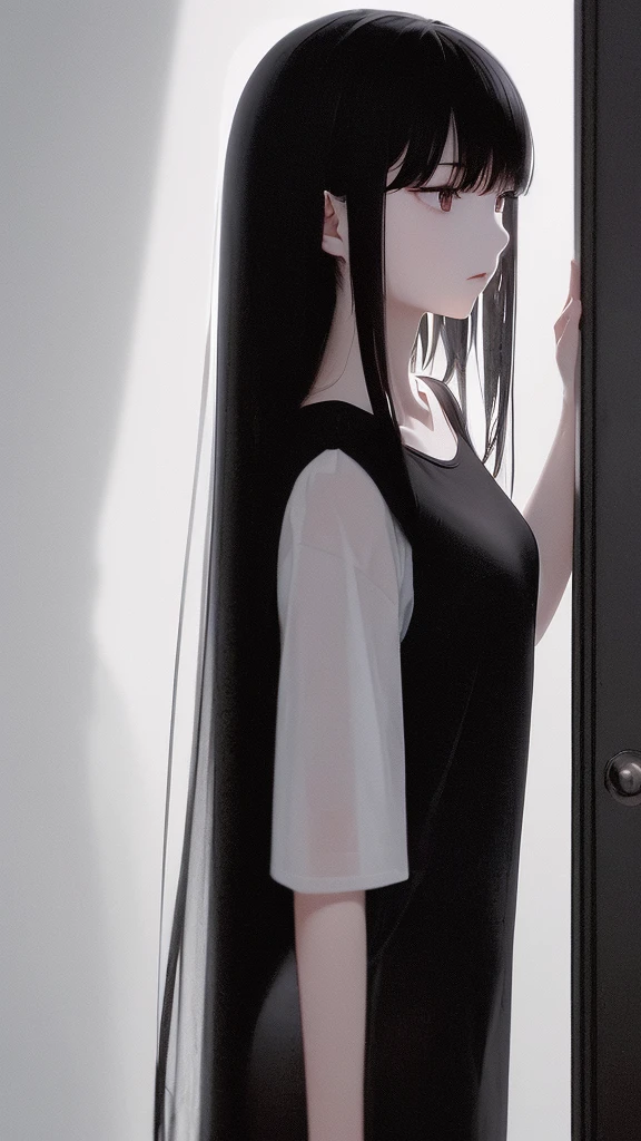 (very delicate and beautiful)、open the door(Tshirt)woman、offensive photos、solo、(silhouette)、raindrop、dark background、figure、(silhouette)、slender body、dark background、Single unit、sad、1 person,Silhouette only,Black silhouette and white background,Girl with long black hair,Couple