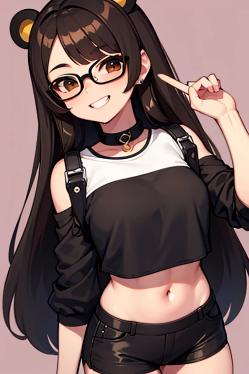 Chica linda, con lentes negros, Brown eyes, Long brown hair, orejas de oso en la cabeza, vestida con una falda negra y un crop top negro, sonriendo levemente 