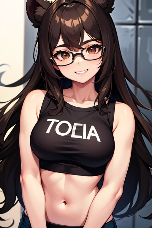 Chica linda, con lentes negros, Brown eyes, Long brown hair, orejas de oso en la cabeza, vestida con una falda negra y un crop top negro, sonriendo levemente 