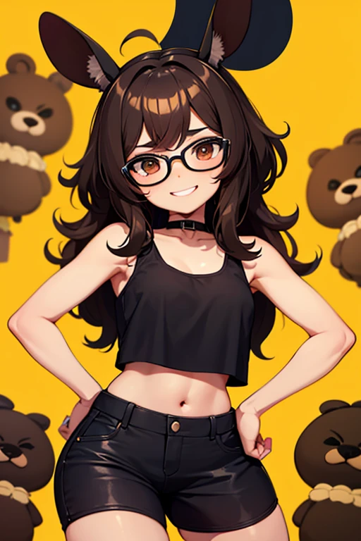 Chica linda, con lentes negros, Brown eyes, Long brown hair, orejas de oso en la cabeza, vestida con una falda negra y un crop top negro, sonriendo levemente