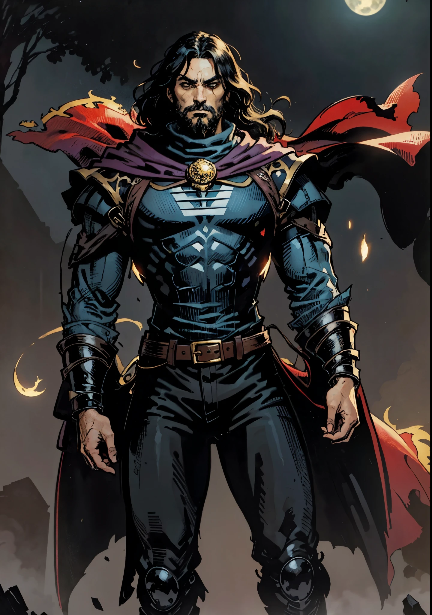A middle-aged man with long black hair, thick eyebrows, hollow eyes, a long face, a square beard, a serious expression, a black full-body outfit with a fantasy martial arts style, ultra-long wide sleeves, crossed belts around his waist, a large dark purple cloak flutters in the wind behind him, stands on a desolate hill under the moonlight, this character embodies a finely crafted fantasy martial arts practitioner in anime style, exquisite and mature manga art style, dramatic, high definition, best quality, highres, ultra-detailed, ultra-fine painting, extremely delicate, professional, perfect body proportions, golden ratio, anatomically correct, symmetrical face, extremely detailed eyes and face, high quality eyes, creativity, RAW photo, UHD, 32k, Natural light, cinematic lighting, masterpiece-anatomy-perfect, masterpiece:1.5