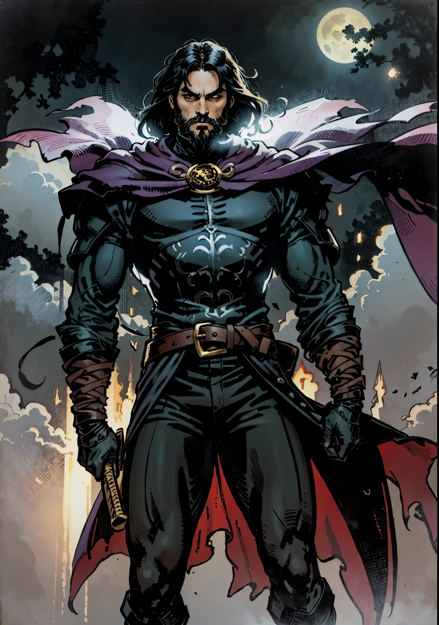 A middle-aged man with long black hair, thick eyebrows, hollow eyes, a long face, a square beard, a serious expression, a black full-body outfit with a fantasy martial arts style, ultra-long wide sleeves, crossed belts around his waist, a large dark purple cloak flutters in the wind behind him, stands on a desolate hill under the moonlight, this character embodies a finely crafted fantasy martial arts practitioner in anime style, exquisite and mature manga art style, dramatic, high definition, best quality, highres, ultra-detailed, ultra-fine painting, extremely delicate, professional, perfect body proportions, golden ratio, anatomically correct, symmetrical face, extremely detailed eyes and face, high quality eyes, creativity, RAW photo, UHD, 32k, Natural light, cinematic lighting, masterpiece-anatomy-perfect, masterpiece:1.5
