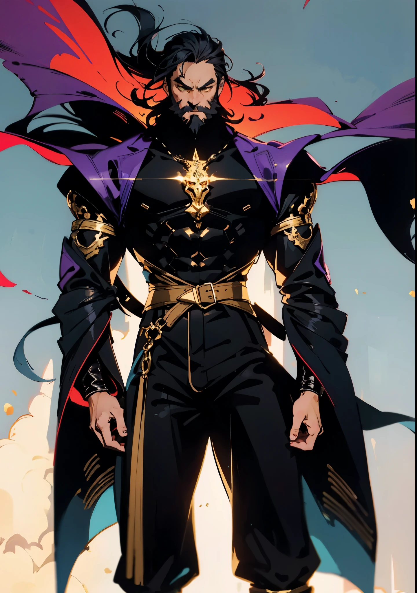 A middle-aged man with long black hair, thick eyebrows, hollow eyes, a long face, a square beard, a serious expression, a black full-body outfit with a fantasy martial arts style, ultra-long wide sleeves, crossed belts around his waist, a large dark purple cloak flutters in the wind behind him, stands on a desolate hill under the moonlight, this character embodies a finely crafted fantasy martial arts practitioner in anime style, exquisite and mature manga art style, dramatic, high definition, best quality, highres, ultra-detailed, ultra-fine painting, extremely delicate, professional, perfect body proportions, golden ratio, anatomically correct, symmetrical face, extremely detailed eyes and face, high quality eyes, creativity, RAW photo, UHD, 32k, Natural light, cinematic lighting, masterpiece-anatomy-perfect, masterpiece:1.5