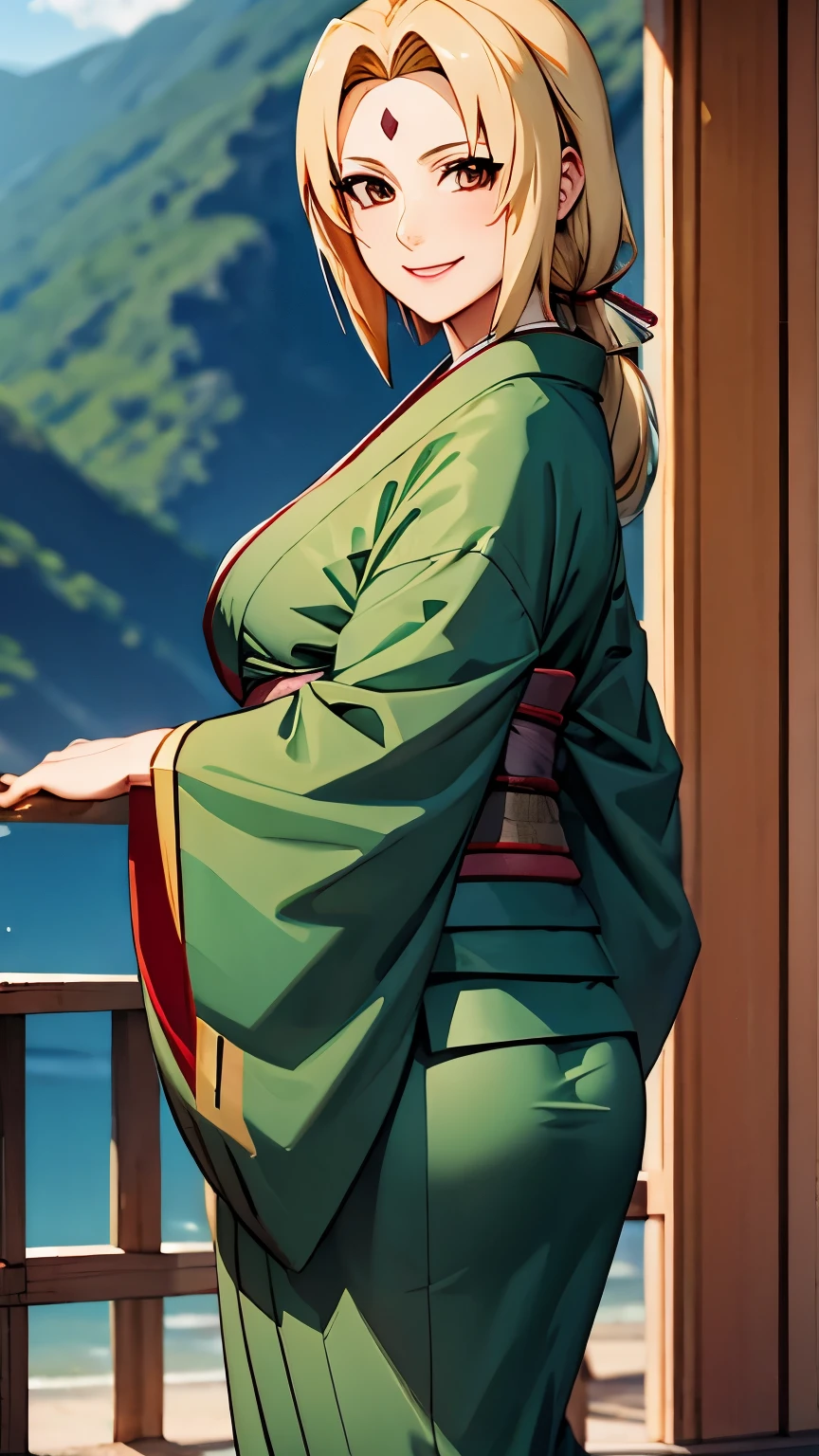 Tsunade,smile, looking at viewer, standing , green kimono,sash, high quality,