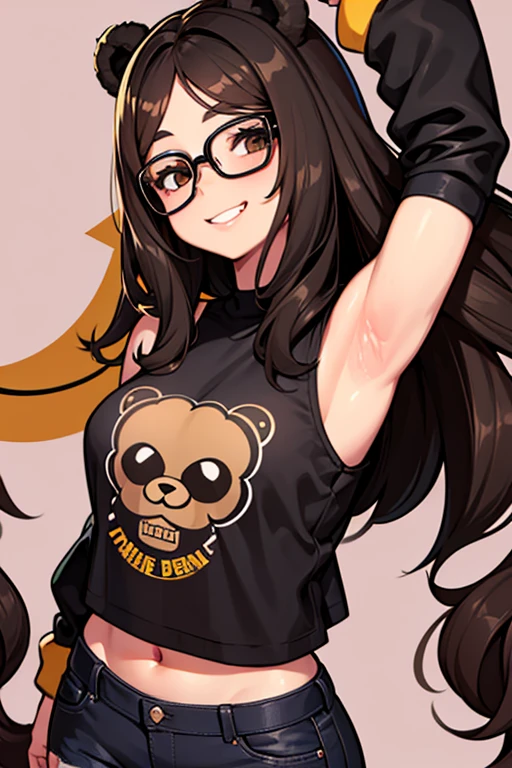 Chica linda, con lentes negros, Brown eyes, Long brown hair, orejas de oso en la cabeza, vestida con una falda negra y un crop top negro, sonriendo levemente 
