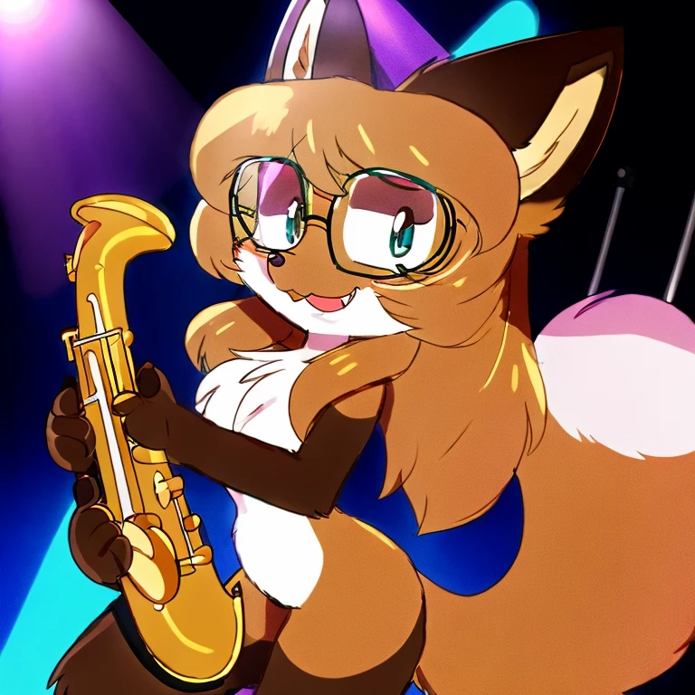 Nervous smiling, uploaded the e621, beautiful and detailed, woman (((female))) ((anthro)) Fox, (Averi, Fox girl), cinematic lighting, Fox, (anthro, fluffy fur, character focus:1.1), 1girl, anthro fox girl, body fur, curvy, sexy, nice, cute, hot, comfortable anime-style cartoon-style, digital drawing, SFW, flat chest, saxophone, playing saxophone, stage, spotlight, wearing glasses, shades, wearing sunglasses, black eyewear, music notes, swag